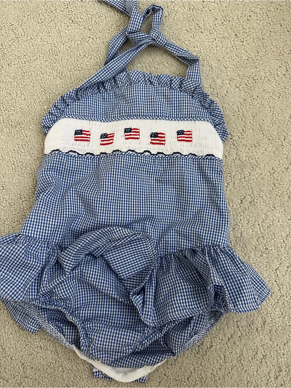 Blue Gingham Smocked One-Piece for Baby with Flag Embroidery
